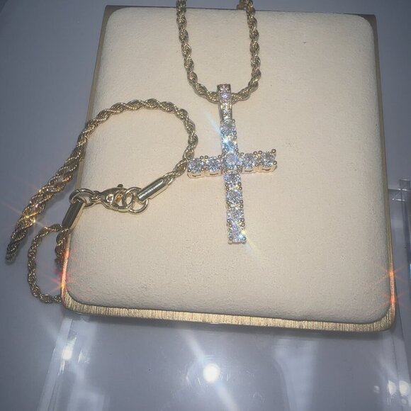 Cubic Zirconia Cross Pendant Necklace With Rope Chain Stainless Steel Gold Plate - Picture 5 of 5
